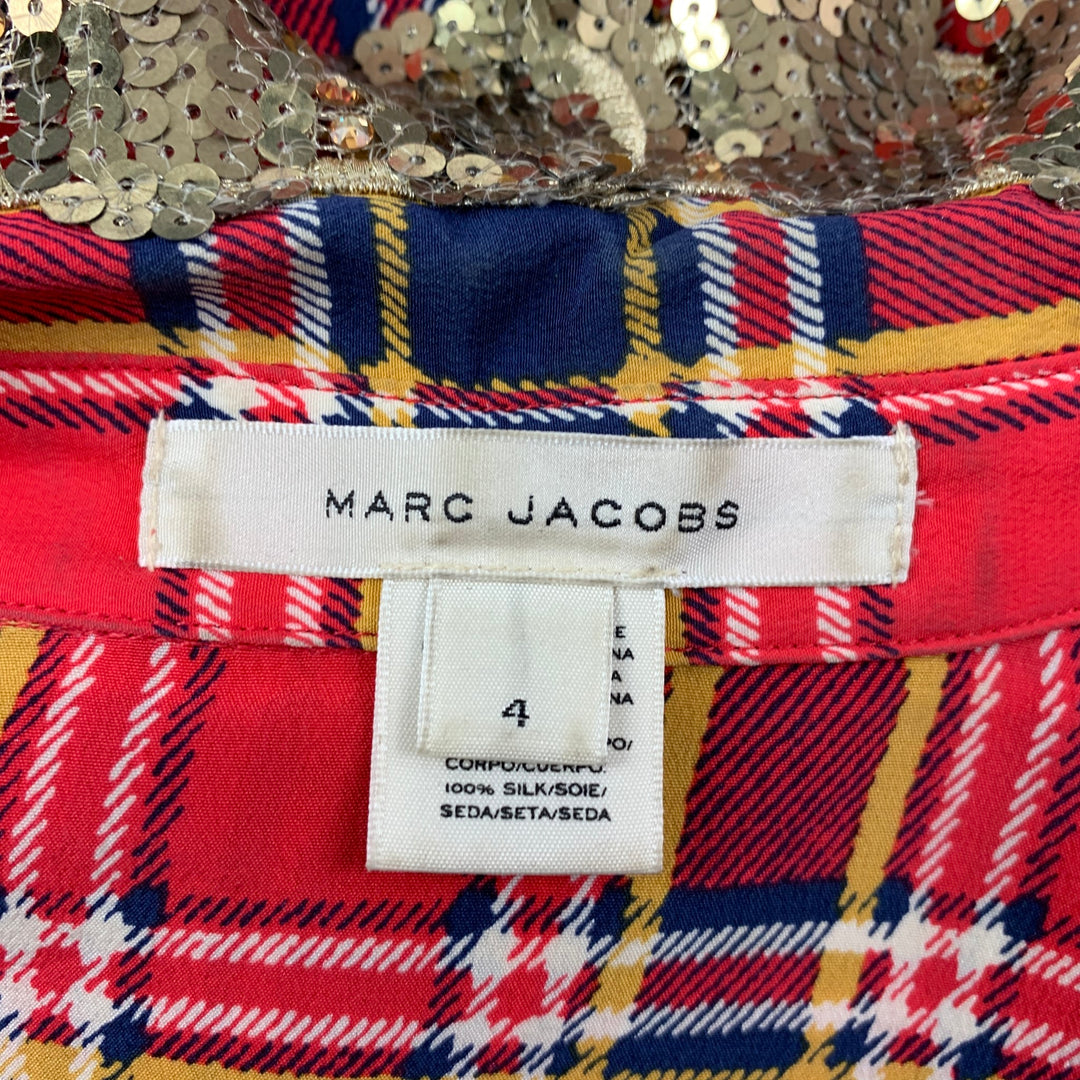 MARC JACOBS Size 4 Red & Blue Silk Plaid Sequin Collar Long Shirt