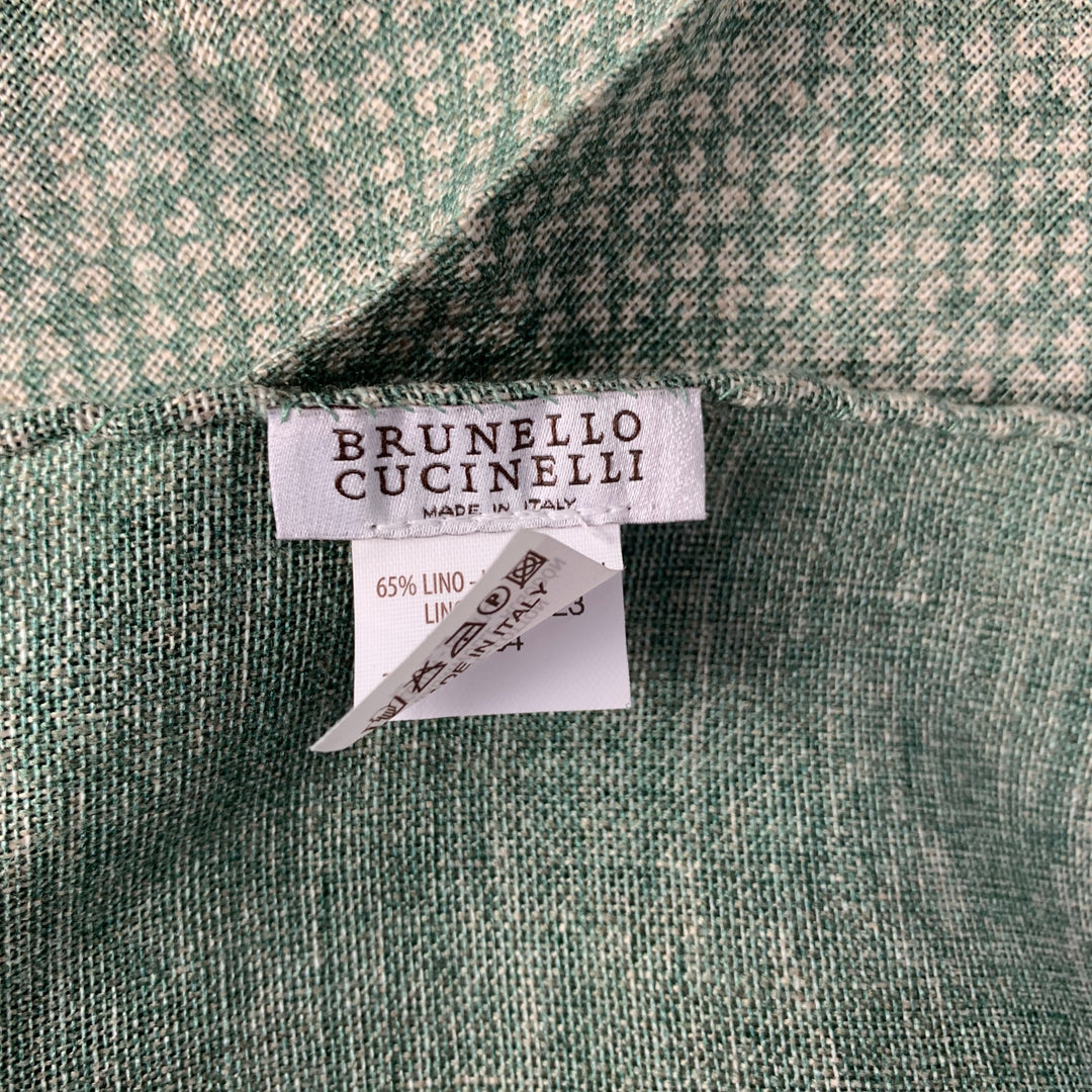 BRUNELLO CUCINELLI Pañuelo de bolsillo abstracto de lino/algodón verde y crema