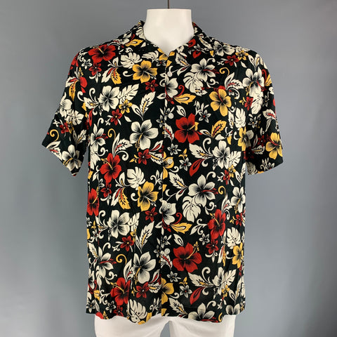 TODD SNYDER Size XL Black Multi-Color Floral Rayon One pocket Short Sleeve Shirt
