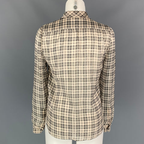 SAINT LAURENT Size S Nude Plaid Silk Pussy Bow Blouse