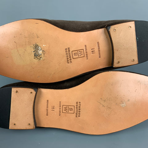 STUBBS & WOOTTON Size 10.5 Brown Dragonfly Motif Embroidery Velvet Slip On Loafers