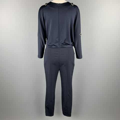ESCADA Size 6 Navy Grommet Cold Shoulder Batwing Sleeve Jumpsuit