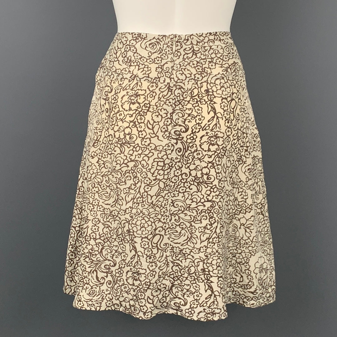 MAYLE Size 4 White & Brown Floral Silk A-Line Skirt