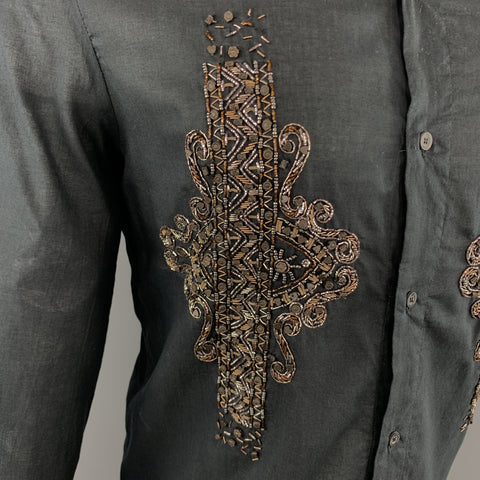 JUST CAVALLI Size M Embellishment Black Cotton Button Up Wide Pointed Collar Long Sleeve Shirt