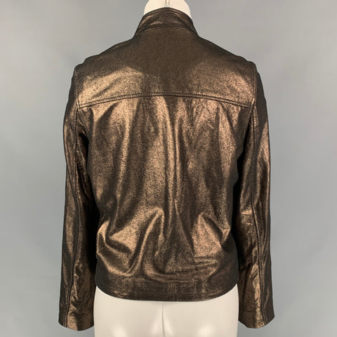 NEIMAN MARCUS The Leather Collection Size S Brown Silver Metallic Leather Jacket