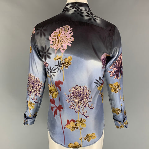 GUCCI by Tom Ford 2003 Size S Blue Floral Silk Button Up Long Sleeve Shirt