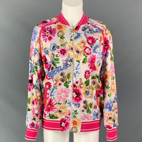 ESCADA Taille 4 Veste bomber surdimensionnée en viscose florale blanche et fuchsia
