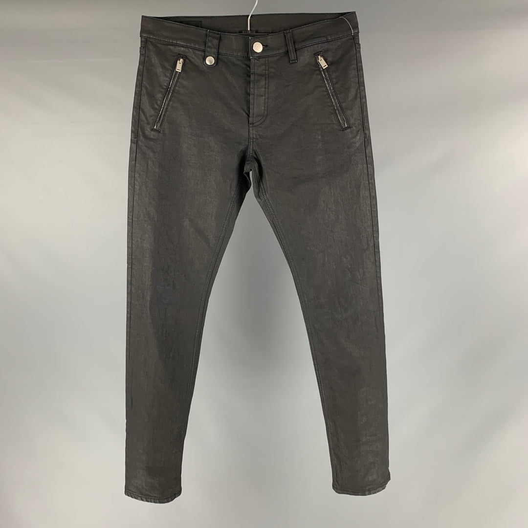 ALEXANDER MCQUEEN Size 32 Black Studded Coated Denim Button Fly Jeans