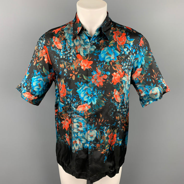 DRIES VAN NOTEN S/S 20 Size XS Black & Blue Floral Viscose Button Up Short Sleeve Shirt