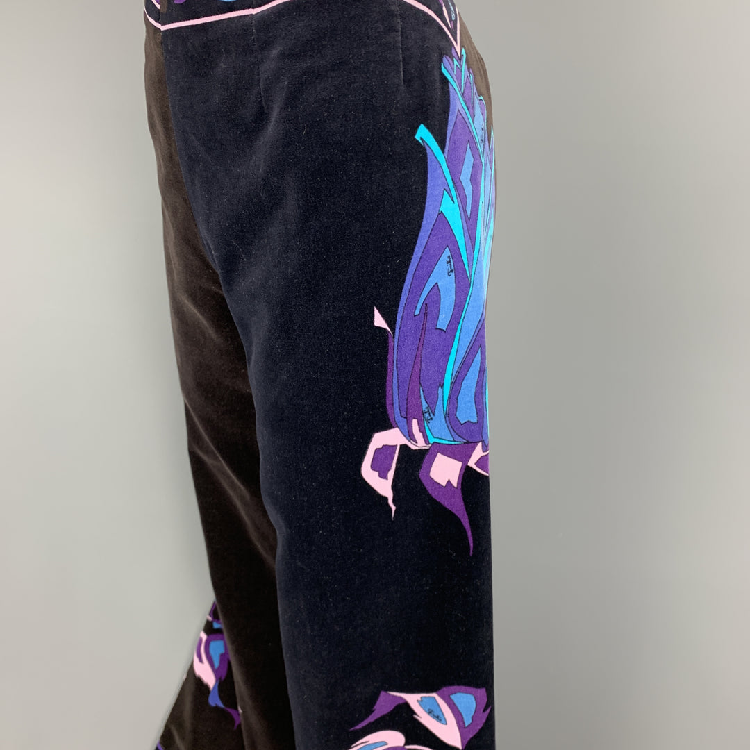 EMILIO PUCCI Vintage Size 14 Black & Brown Blue & Purple Floral Velvet Pants