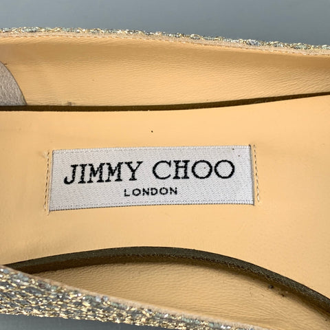 JIMMY CHOO Beck Size 7.5 Champagne Canvas Metallic Peep Toe Flats