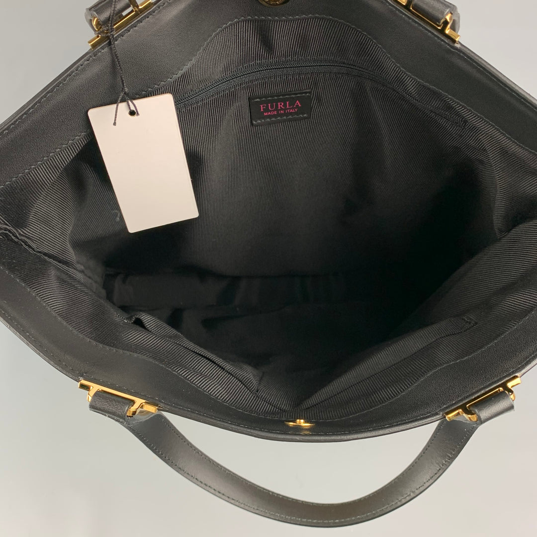 FURLA Fortezza Beige & Black Straw Leather Trim Tote Handbag