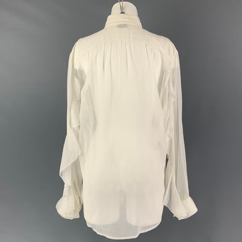 DRIES VAN NOTEN Size 8 White Cotton Silk Ruffled Nehru Collar Blouse