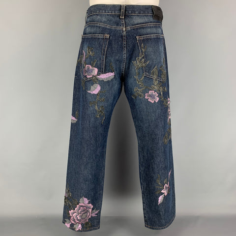 GUCCI by Tom Ford Fall 1999 Size 38 Blue Lavender Gunmetal Floral Embroidery Denim Jeans