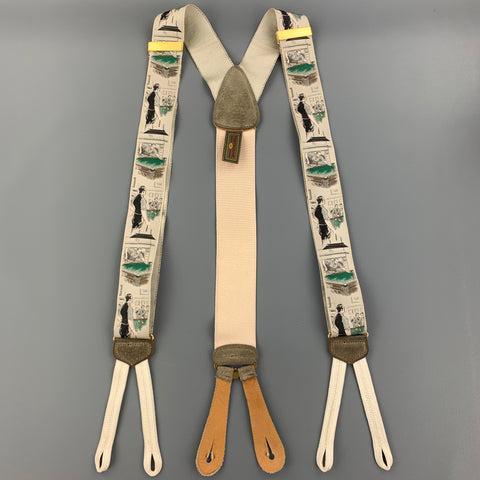 TRAFALGAR Playing Pool Print Beige Silk Leather Trim Suspenders