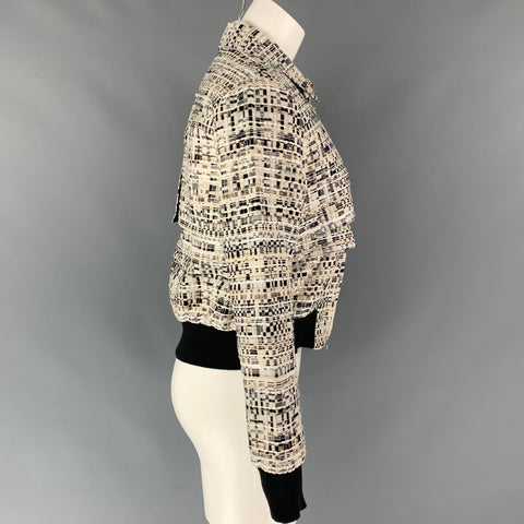 BADGLEY MISCHKA Size 4 White & Black Textured Boucle Polyester Blend Jacket