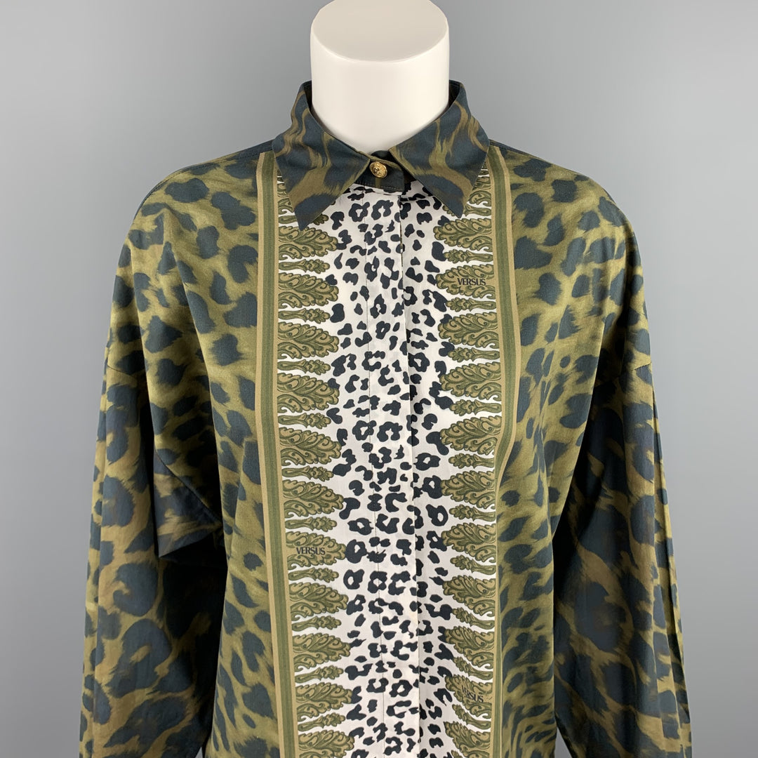 VERSUS by GIANNI VERSACE Size M Olive & Black Print Cotton Oversized Shirt