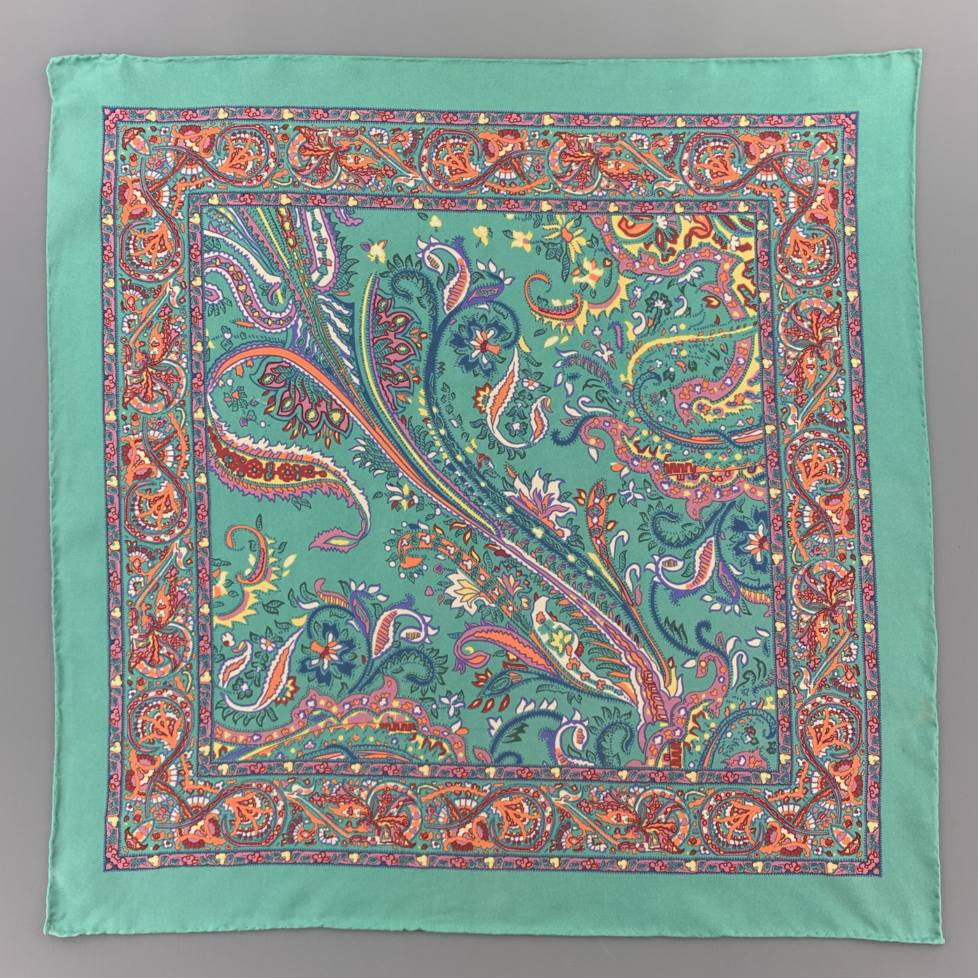 RALPH LAUREN Multi Color Paisley Turquoise Silk Pocket Square