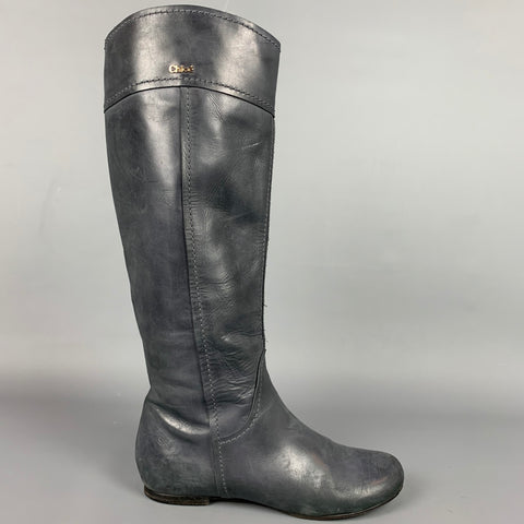 CHLOE Talla 8.5 Botas Julie con puntadas en contraste de cuero azul