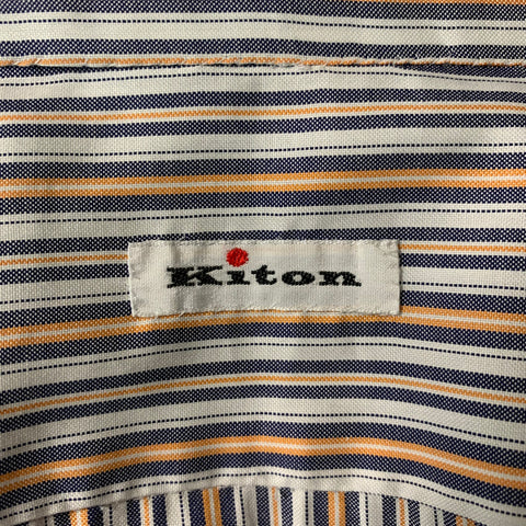 KITON Size XL White & Navy Orange Stripe Cotton Button Down Long Sleeve Shirt