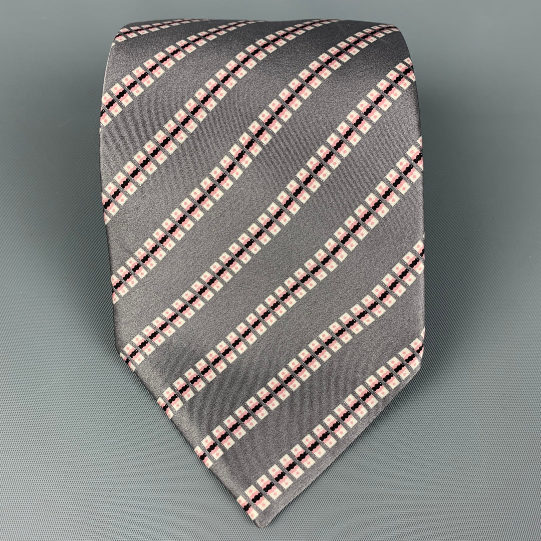 STEFANO RICCI Grey White Pink Squares Silk Satin Tie
