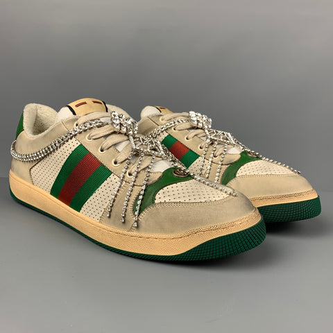GUCCI Size 15 Off White Green Distressed Leather Crystal Screener Sneakers