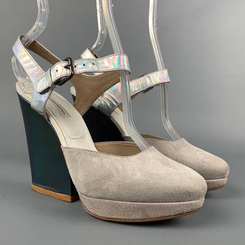 DRIES VAN NOTEN Size 5.5 Iridescent Grey Suede Platform Pumps