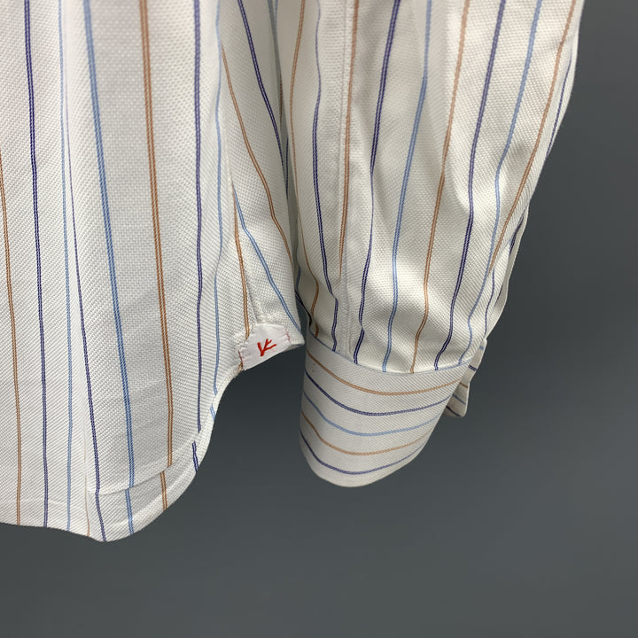 ISAIA Talla M Camisa de manga larga con botones de algodón a rayas blancas