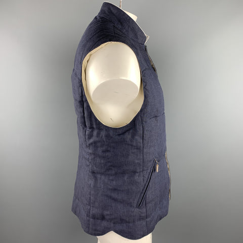 BRUNELLO CUCINELLI Size XL Navy Quilted Linen Snaps Vest