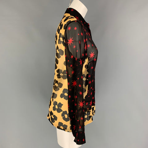 DRIES VAN NOTEN Taille 8 Blouse à manches longues étoiles en soie rouge noir