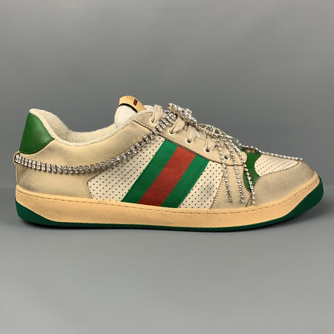 GUCCI Size 14 Off White Green Distressed Leather Crystal Screener Sneakers