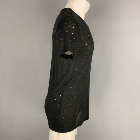 IRO Size XS Black Distressed Linen Crew-Neck T-shirt