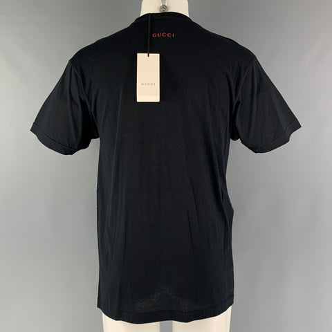GUCCI Size XXS Black Gold Embroidery Cotton Crew-Neck T-shirt