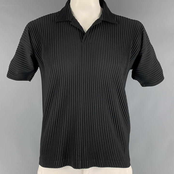 ISSEY MIYAKE Size L Black Pleated Polyester Short Sleeve T-shirt