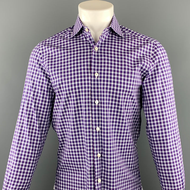 DE CORATO Size S Navy & Purple Plaid Cotton Button Up Long Sleeve Shirt