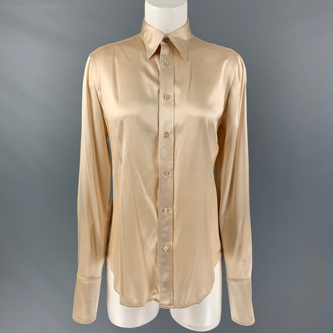 RALPH LAUREN Size 8 Beige Silk &  Elastane Long Sleeve Blouse