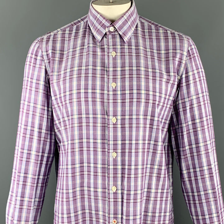 ISAIA Talla L Camisa de manga larga con botones de algodón a cuadros morados