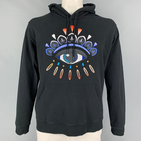 KENZO Size XL Black Multi-Color Embroidery Cotton Hooded Sweatshirt