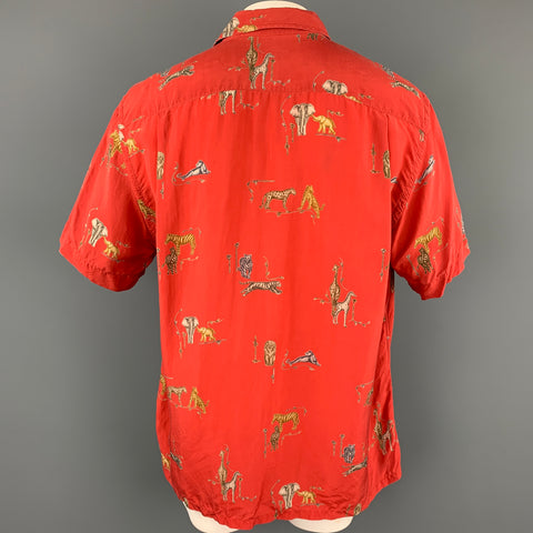 BRIONI Size L Red & Taupe Animal Print Rayon Button Up Short Sleeve Shirt