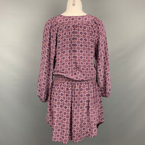 JOIE Minivestido de cintura elástica de seda con estampado burdeos y azul talla S