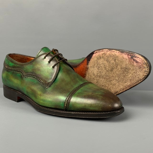 BONTONI Size 10 Green Brown Marble Leather Cap Toe Lace Up Shoes