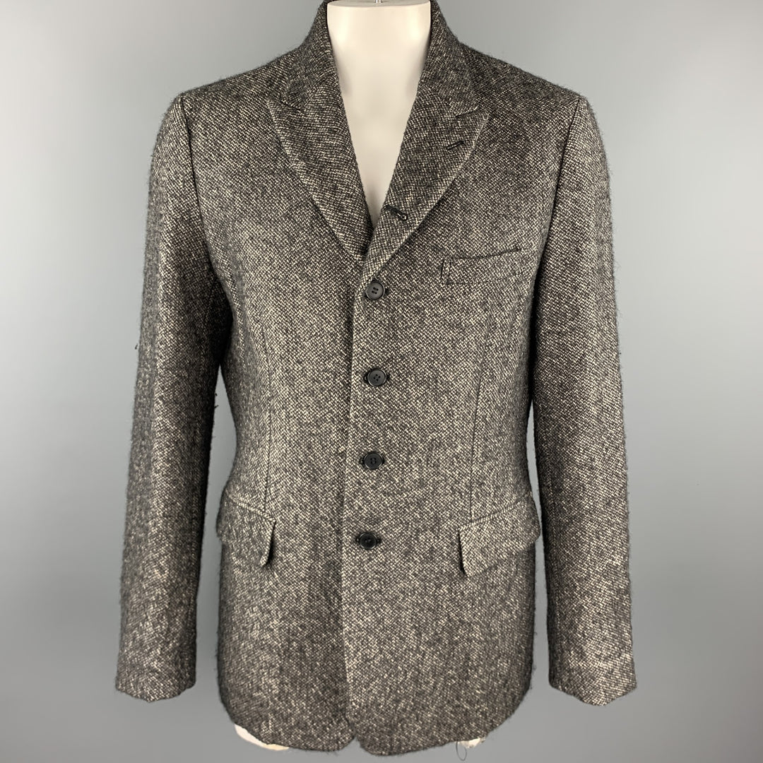 COMME des GARCONS HOMME PLUS Size XL Taupe & Black Tweed Linen / Wool Peak Lapel Coat