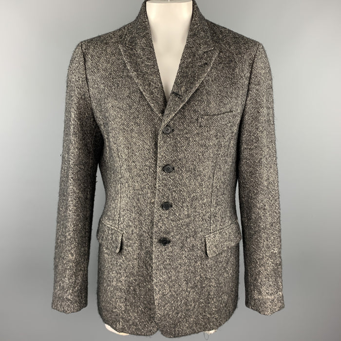COMME des GARCONS HOMME PLUS Size XL Taupe & Black Tweed Linen / Wool Peak Lapel Coat