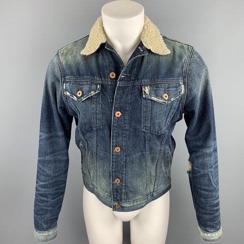 NSF Size XS Indigo Wash Distressed Denim Trucker Jacket