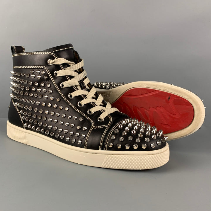 CHRISTIAN LOUBOUTIN Size 10 Black White Leather Louis All Over Spikes High Top Sneakers