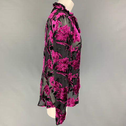 PREEN Size S Fuchsia Black Viscose Blend Floral Long Sleeve Blouse