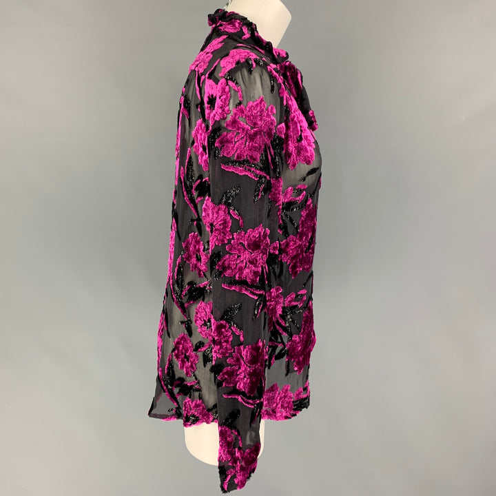 PREEN Size S Fuchsia Black Viscose Blend Floral Long Sleeve Blouse