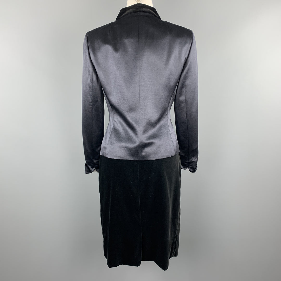 AKRIS Size 8 Navy Wool Satin & Black Velvet Skirt Suit