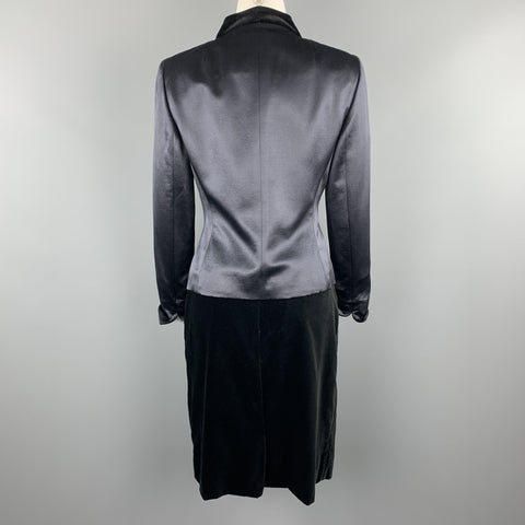 AKRIS Size 8 Navy Wool Satin & Black Velvet Skirt Suit