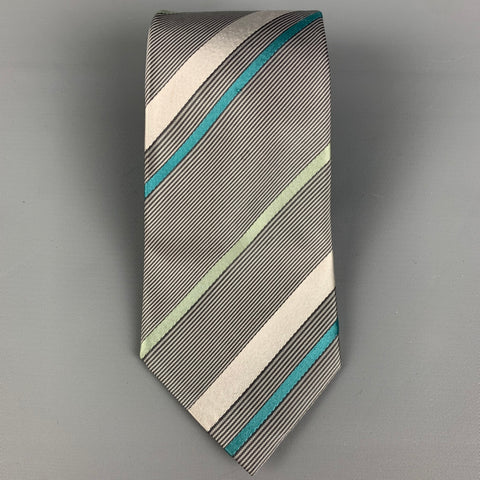 DRIES VAN NOTEN Grey Black Stripe Silk Tie